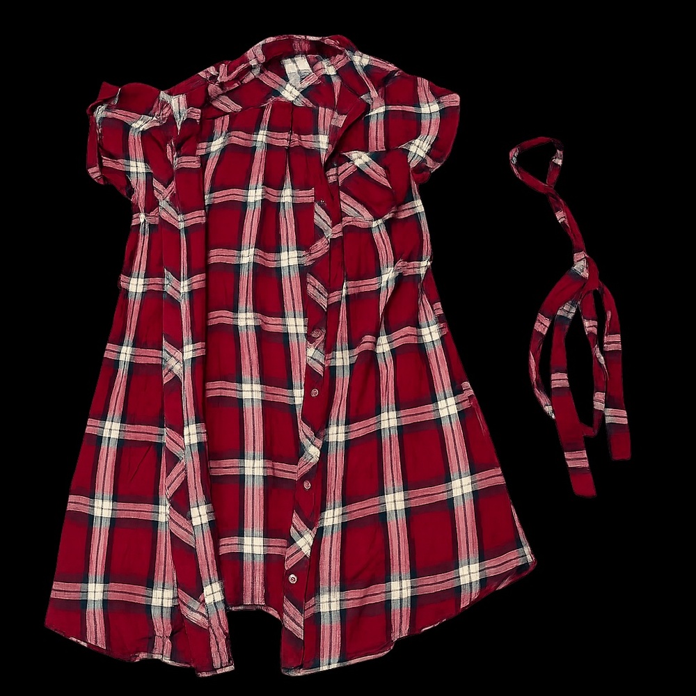 Red plaid shirtdress with matching belt